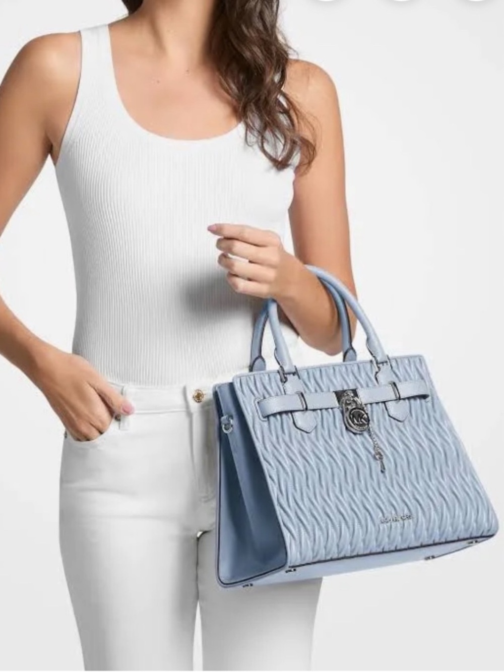 Michael Kors Hamilton Medium Satchel Crossbody Bag Pale Blue NWT - Picture 3 of 12